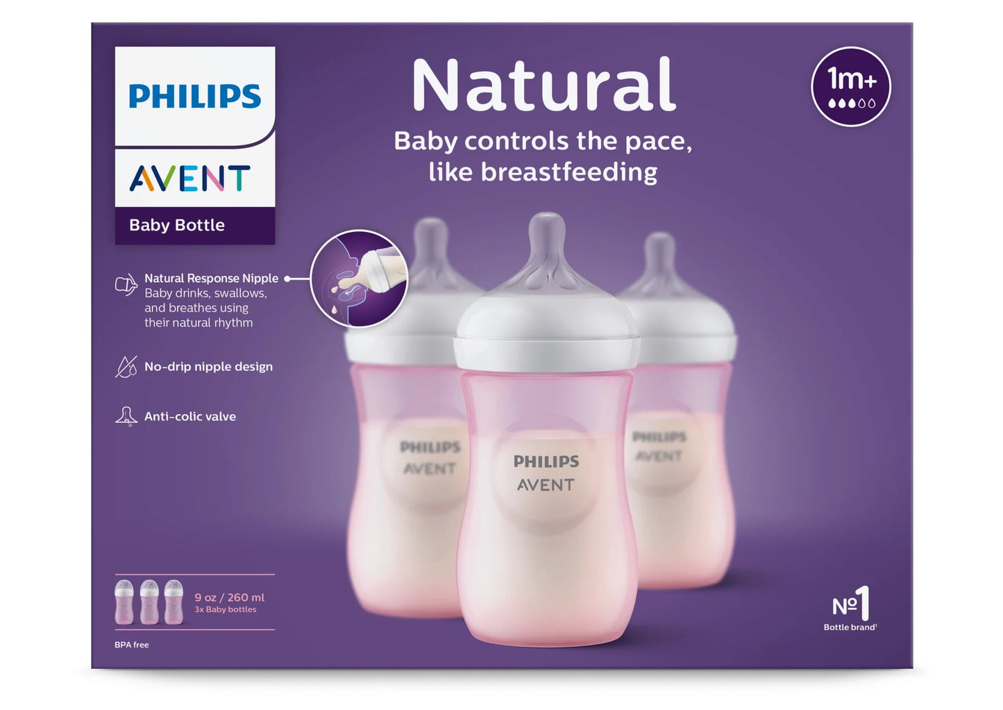 AVENT 3 WIDE-NECK NATURAL BOTTLES 1M+ 260ML